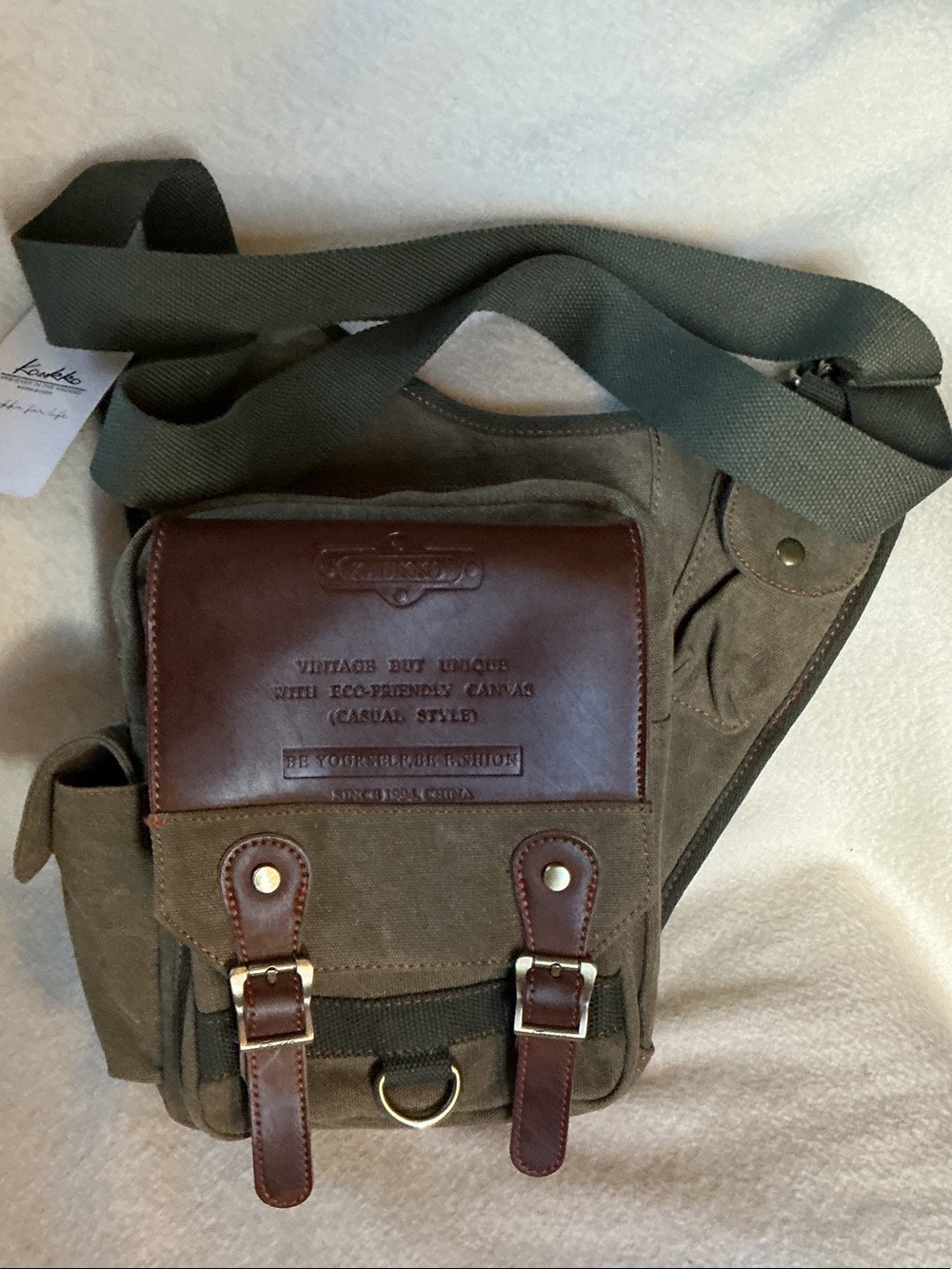 Classic Olive Canvas Messenger with Brown Leather Flap